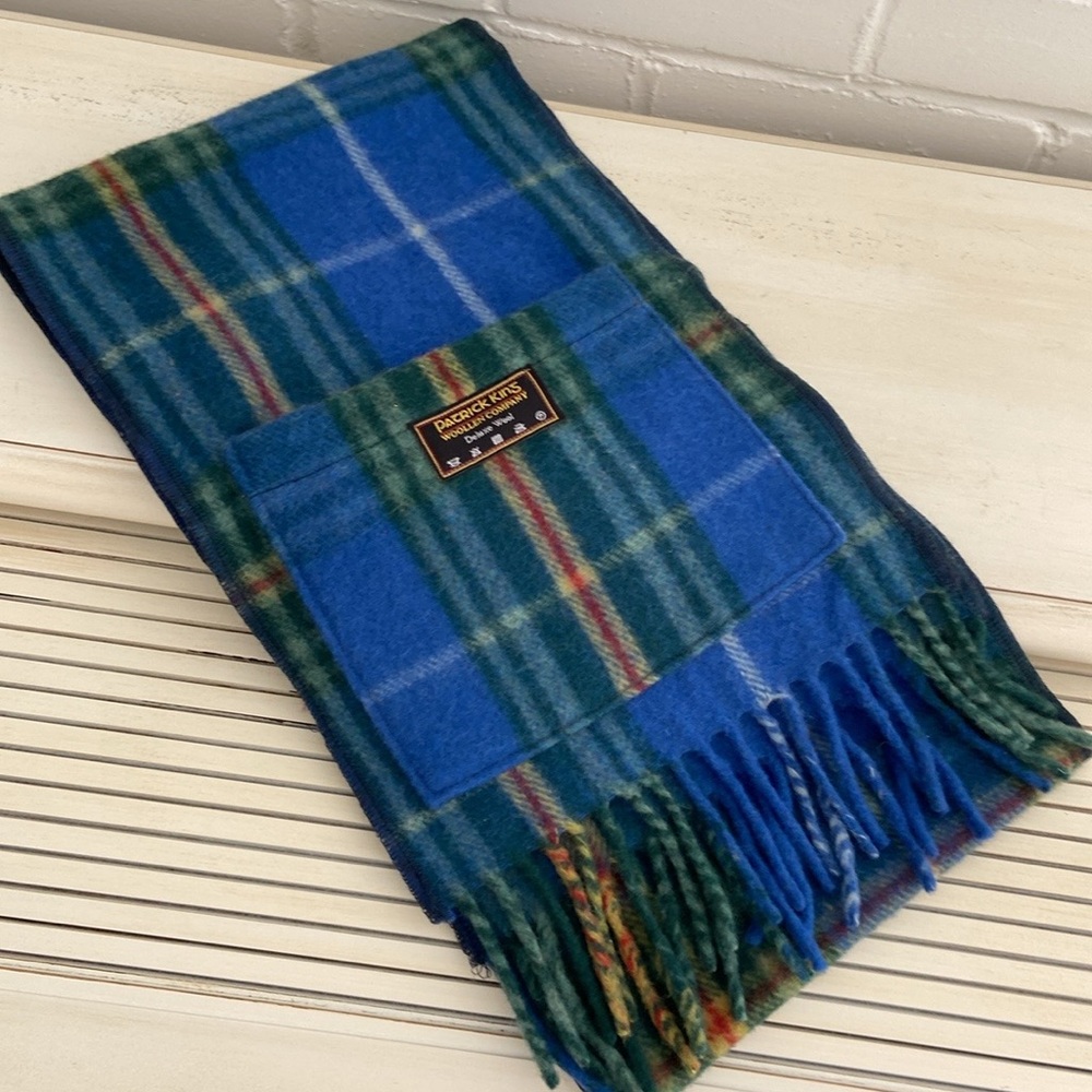 mens classic deluxe wool blue plaid winter warm neck scarf scarve with pockets